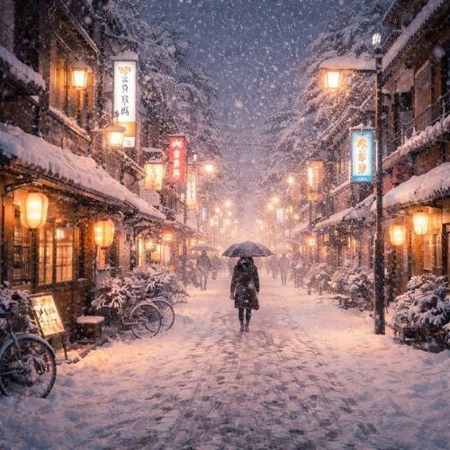 AIで描いた、雪深い冬の街